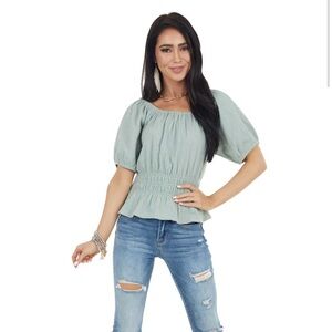 Rich Sage Short Sleeve Peplum Knit Top with Smocked Waist - L
